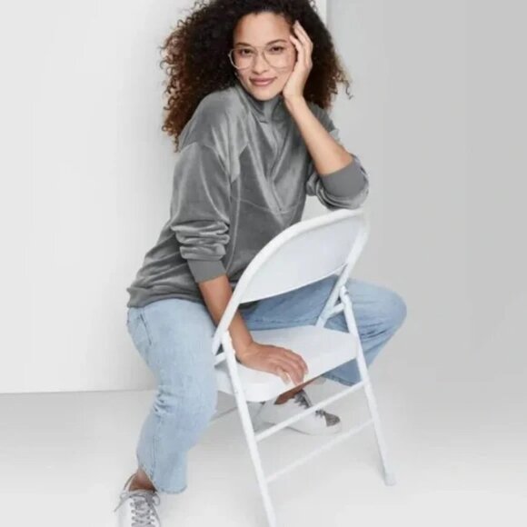 Wild Fable Velour Pullover Womens Quarter Zip Tunic Sweatshirt Gray - Picture 2 of 8